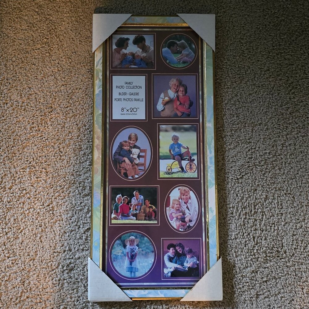 Ornate Floral Photo Collage Frame – 8x20 – Holds 10 Photos –Gold Trim–New Unused
